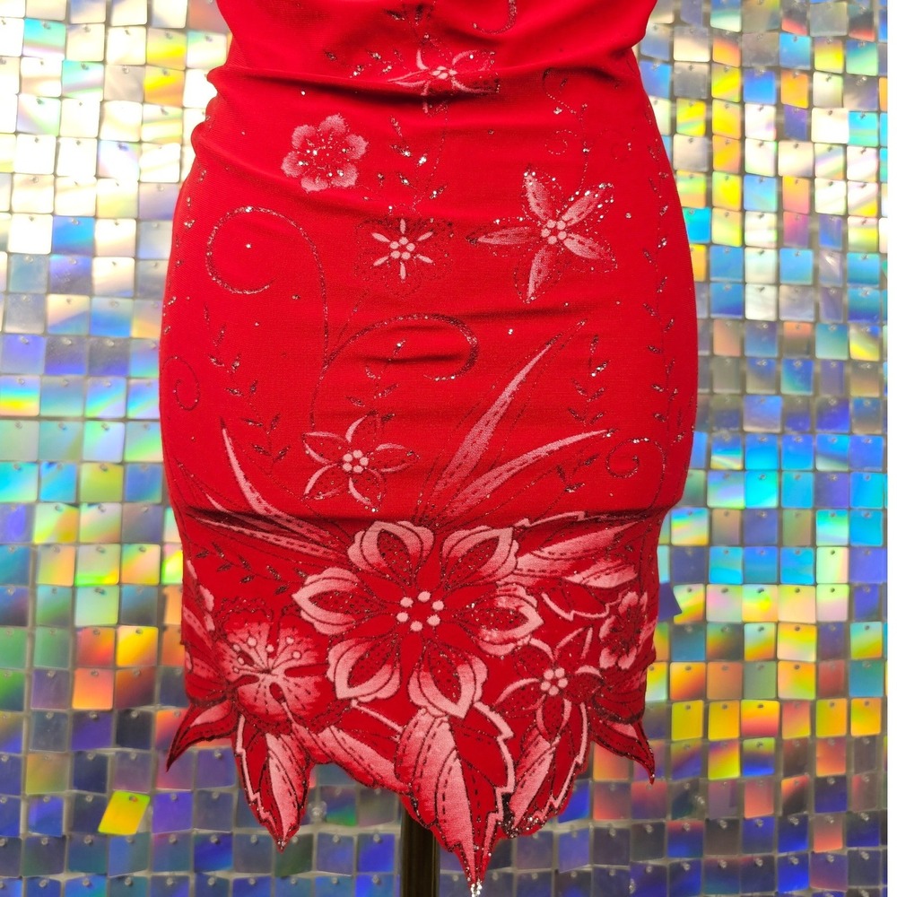 Halter Mini Dress Women Size M Red Excellent Floral Glitter Cowl Neck - Picture 3 of 10